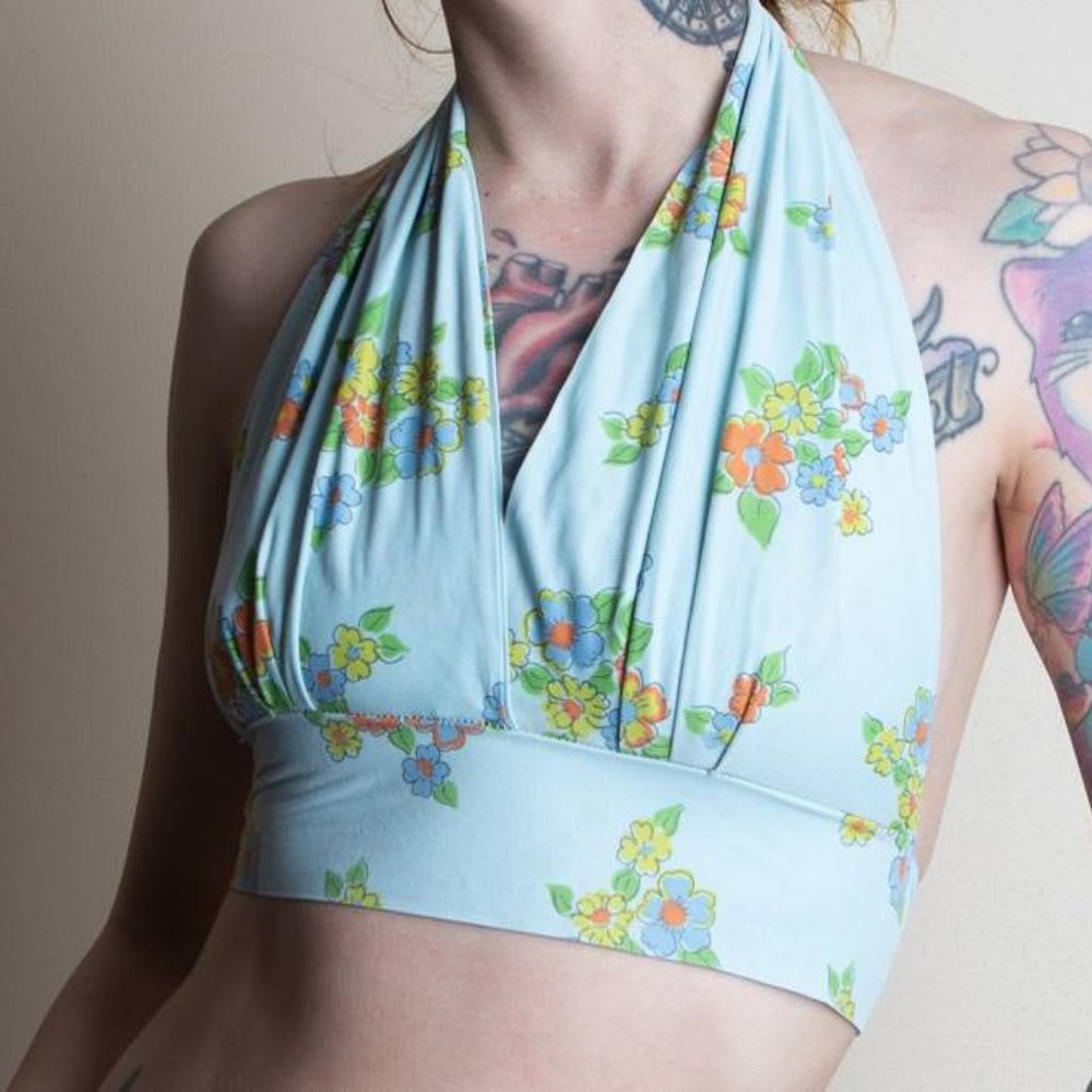 Vintage 70s crop top halter flower child S